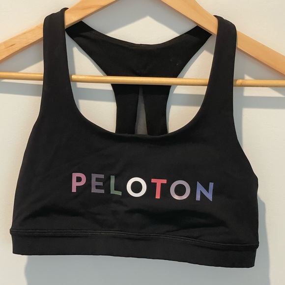 LuluLemon Peloton Multicolor Logo Black Sports Bra‎ Size 6 - Picture 1 of 5